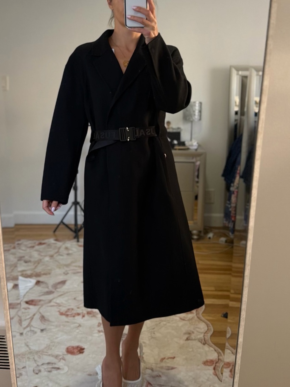 Fusalp Black Long Belted Coat wool Overcoat